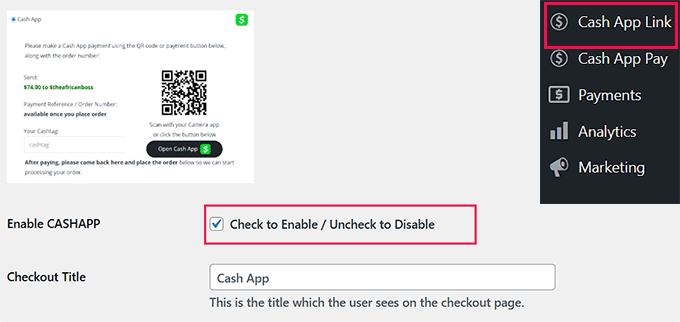 检查启用 Cash App 选项